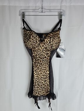 Frederick's of Hollywood Leopard & Black Mesh Babydoll Chemise